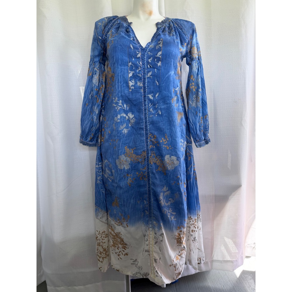 Dolma Blue Boho Cotton Midi Dress Women's Large Embroidered Festival Cottagecore